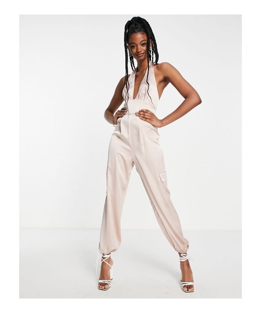 Jumpsuit by Miss Selfridge No need for a dress to impress Plunge neck Halterneck style Zip-back fastening Elasticated cuffs Regular fit  Sold By: Asos