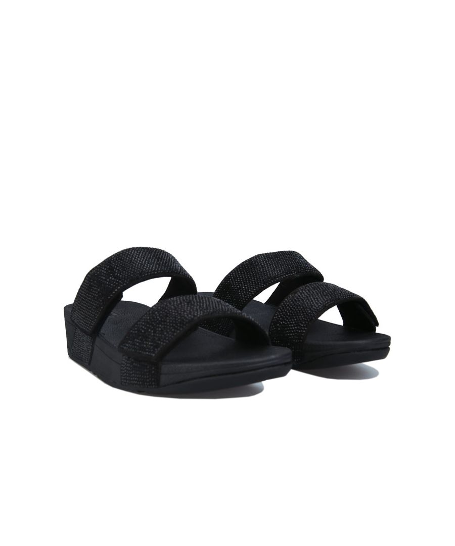Womens Fitflop Mina Crystal Slide Sandals in black.- Synthetic upper.- Slip on construction.- Hook & Loop closure.- Two straps over the foot with small stones and two velcro straps.- Textile and synthetic upper  Textile and synthetic lining  Synthetic sole.- Ref: BH9001
