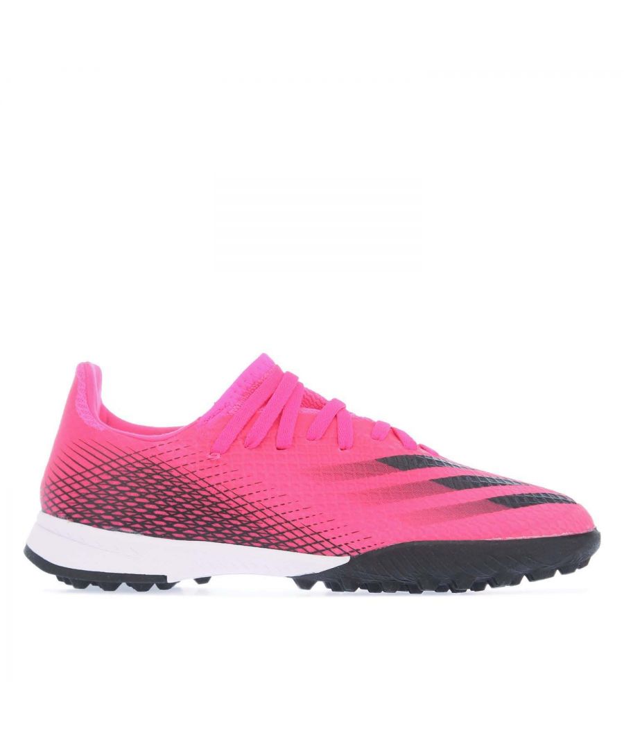 Junior Boys adidas X Ghosted.3 TF Football Boots in pink.- Synthetic and textile upper.- Lace up fastening.- Padded ankle. - Stretch tongue. - Cushioned insole. - EVA midsole. - Multi-studded rubber outsole. - Textile and Synthetic upper  Textile and Synthetic lining.- Ref.: FW6927J