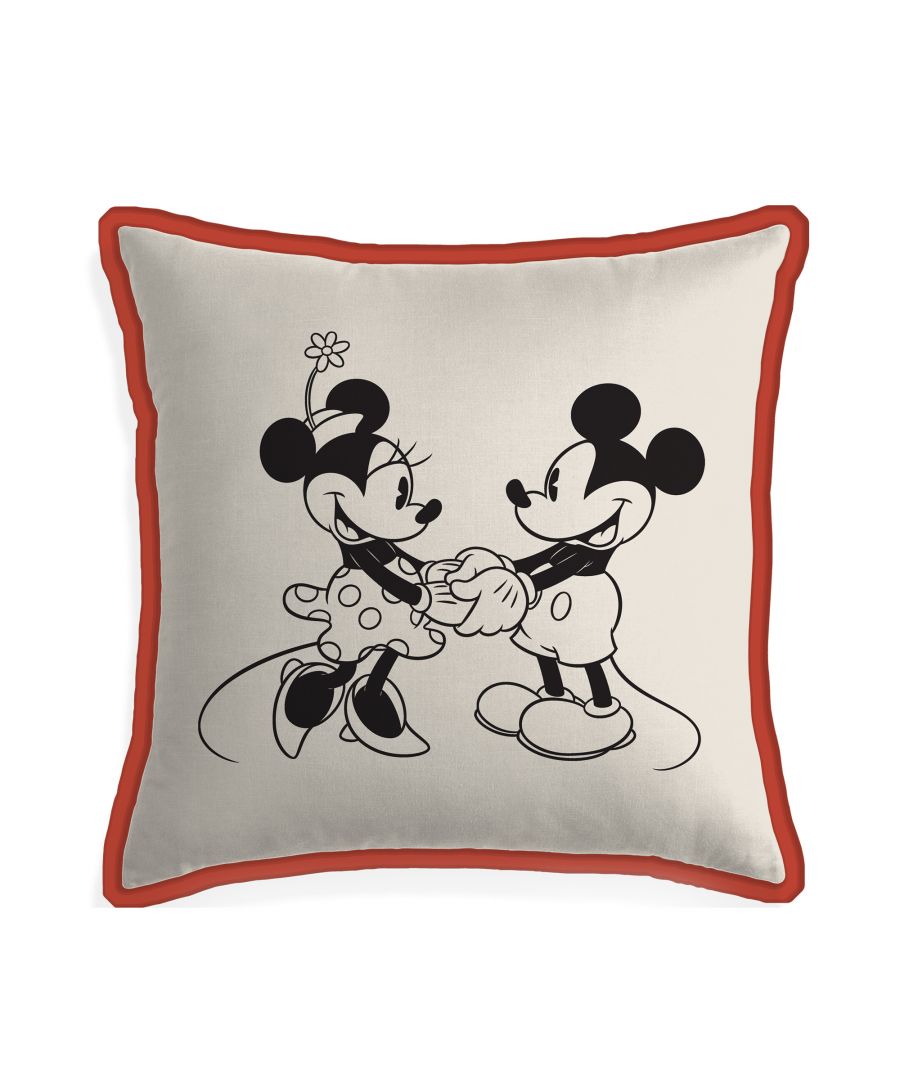 Celebrate Mickey and Minnie Mouse with this charming Life is Grand Square Filled Cushion featuring both characters dancing joyfully admiring life. Made of 100% polyester, this cushion has a binding in a red twill fabric.\n\nThis 100% plush cushion with polyster filling features a printed detail an is made with a soft, stretchable fabric ideal for cuddling!