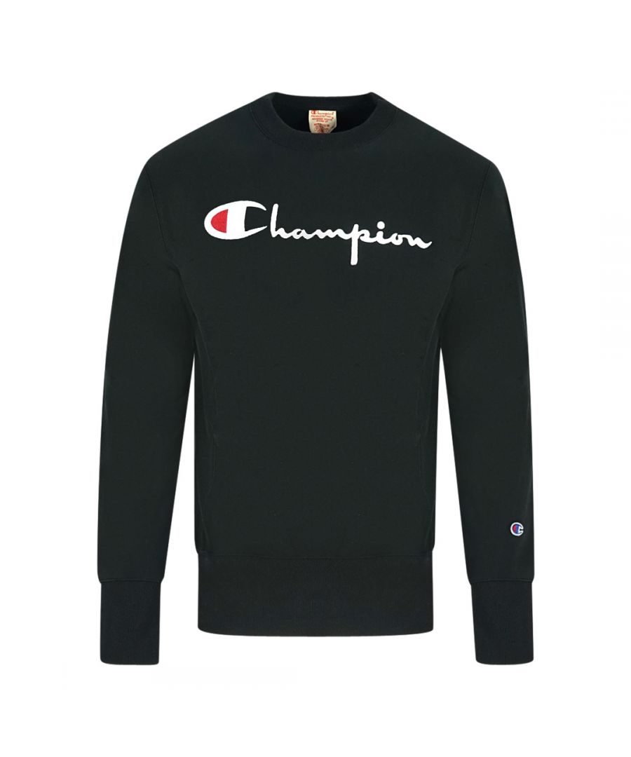 Champion omgekeerde geweven klassiek script logo zwarte trui. Kampioen zwarte trui. 100% katoen. Elastische hals, mouwuiteinden en onderkant. Merklogo op de borst. Stijl: 215160 KK001