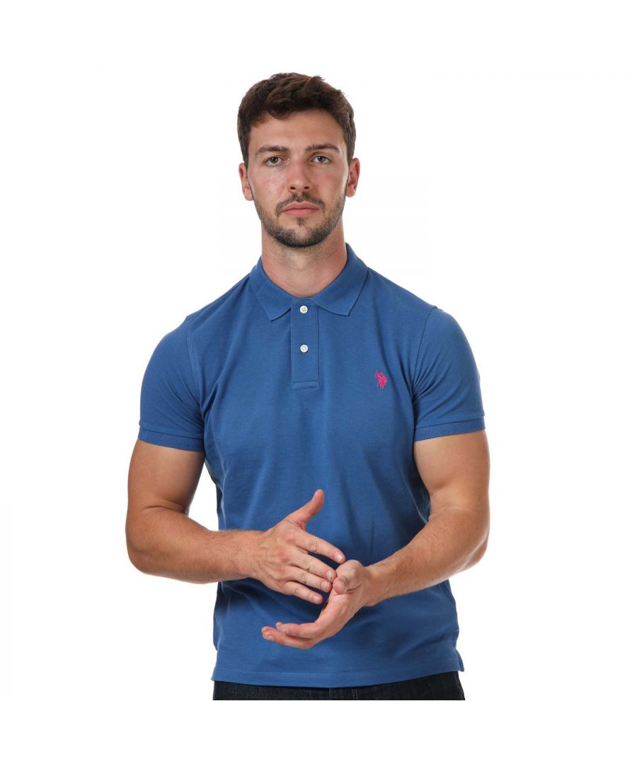 Mens US Polo Assn Pique Polo Shirt in blue.- Button down collar.- Short sleeves.- Two button placket.- Featuring the embroidered double horsemen for the USPA stamp of authenticity.- Ribbed cuffs.- 100% Cotton. - Ref: 63515137