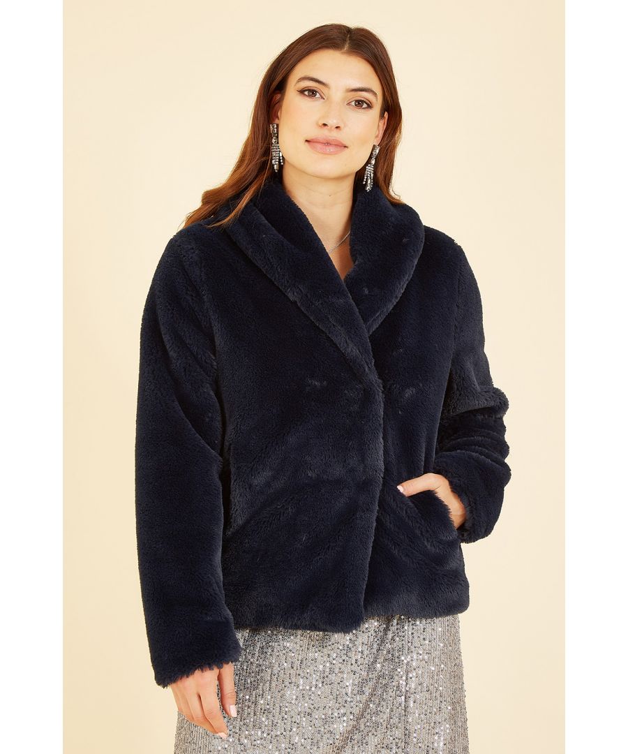 Navy Short Wrap Faux Fur Coat