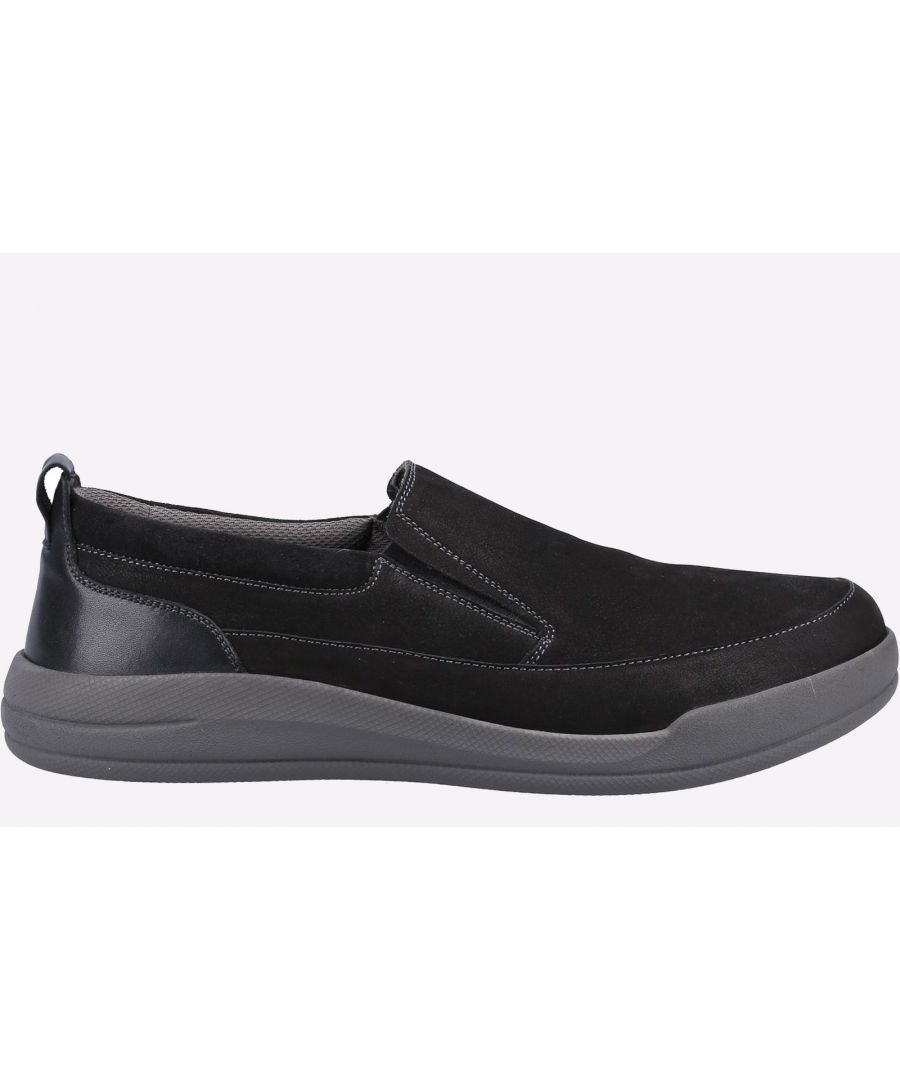 Smart and Casual; The Eamon Slip On is crafted from nubuck leather and includes a padded collar for extra comfort in addition to a double elastic gusset for easy on off wear.. Its Breathable Textile lining make this the perfect casual summer shoe\n- Nubuck Leather Upper\n- Slip on Styling with Double Elastic Gusset for Easy On and Easy Off\n- Padded Collar for Extra Comfort\n- Cushion Comfort Insole\n- Leather Sock\n- Breathable Textile Lining\n- Lightweight and Flexible Branded PU Sole Unit
