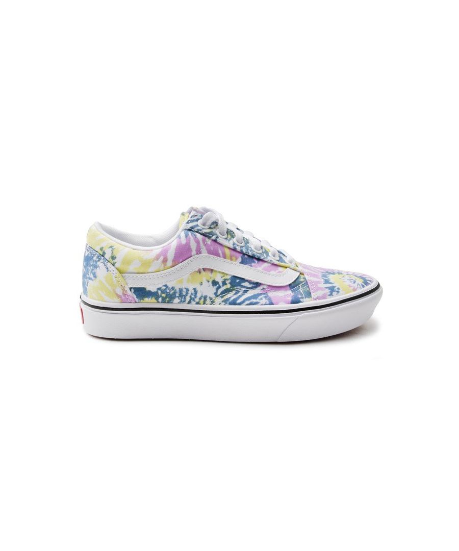 Women's Canvas Vans Comfycush Old School Lace-up Sneakers With A Blue, Pink, And Yellow Splash Tie-dye Upper, Padded Collar, Panel Detailing And White Eyelets And Laces. These Ladies' Casual Trainers Have A Soft Canvas Lining And Sock And White, Rubber Vulcanised Outsole With Iconic Branding Tabs.