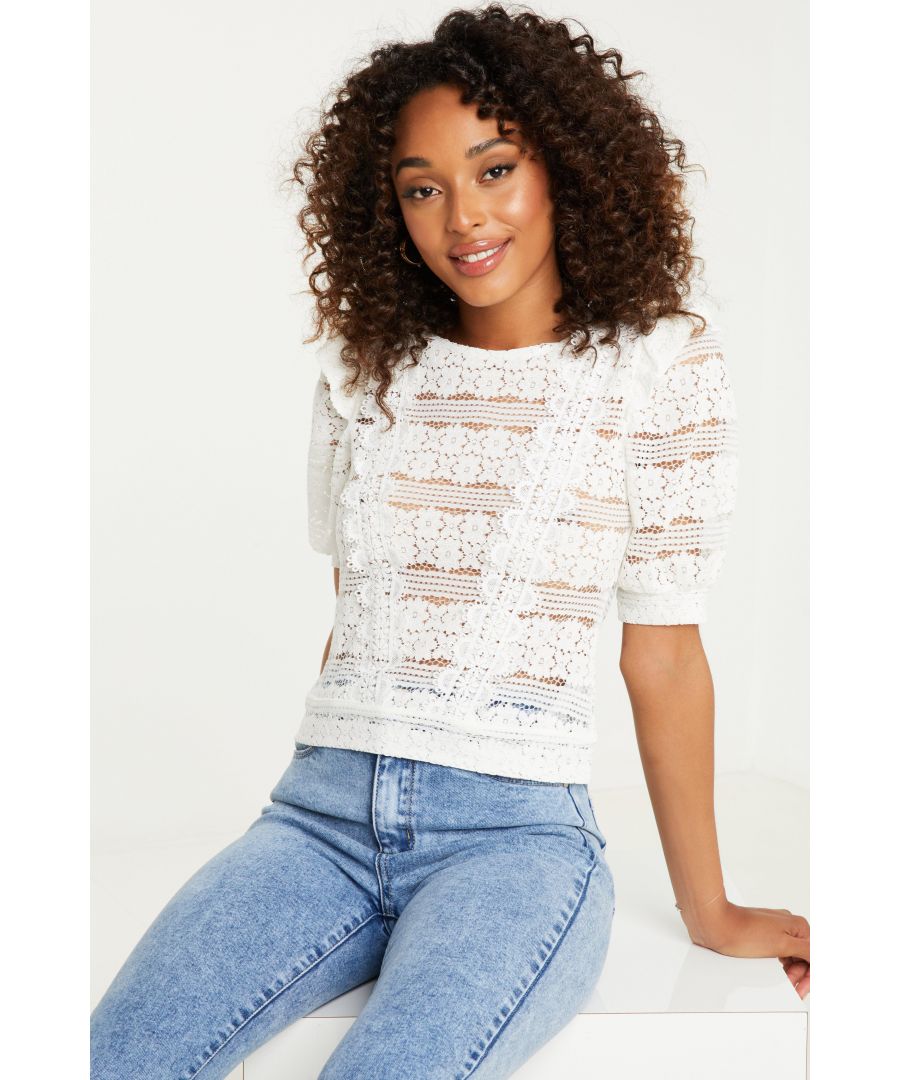 Image for Cream Lace Frill Shoulder Top