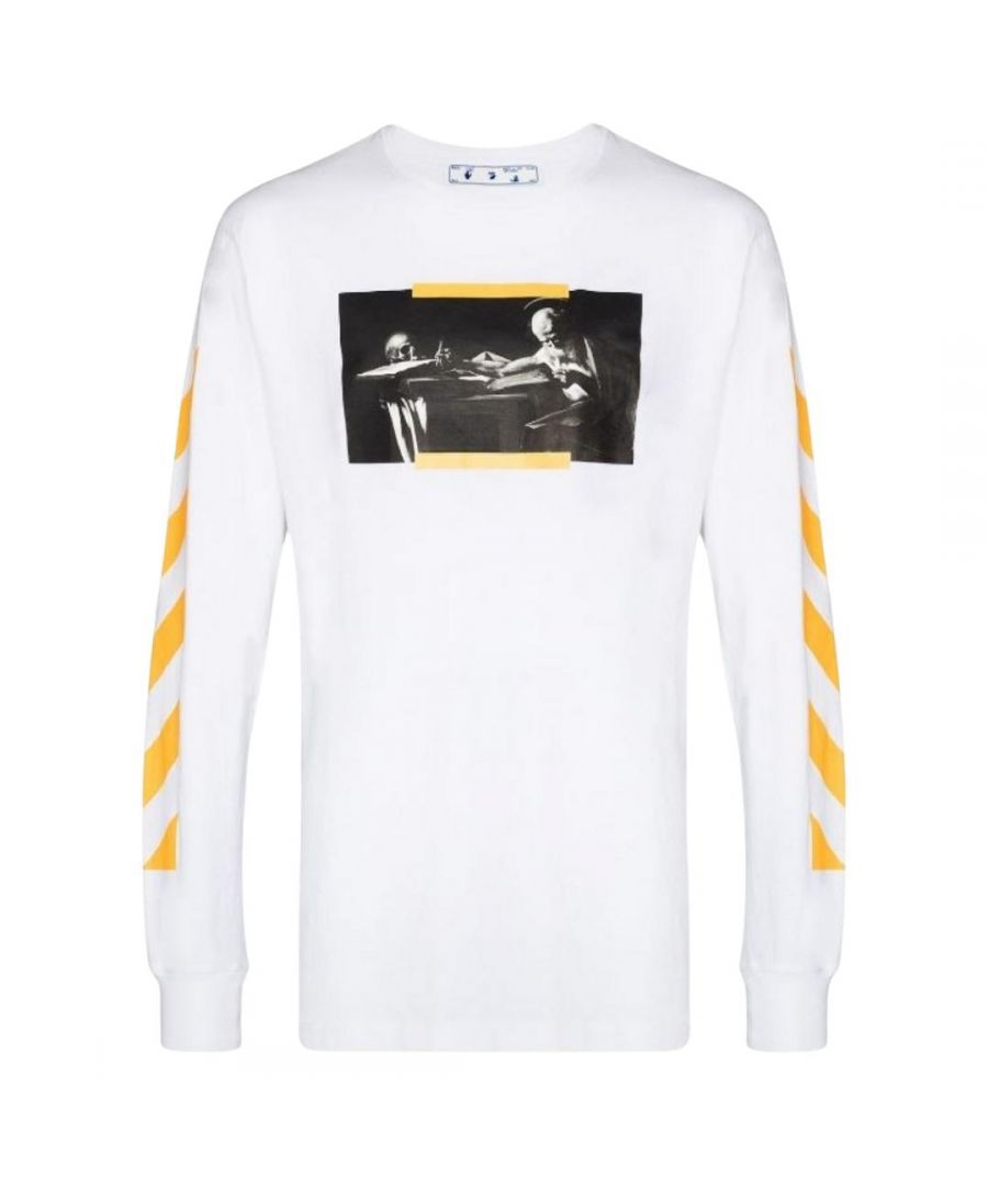 Off-White Long Sleeve Caravaggio Painting White T-Shirt. Off-White Long Sleeve Caravaggio Painting White T-Shirt. Off-White Hand Logo On Back. Crew Neck, Long Sleeves. 100% Cotton, Made In Portugal. OMAB001F21JER0040184