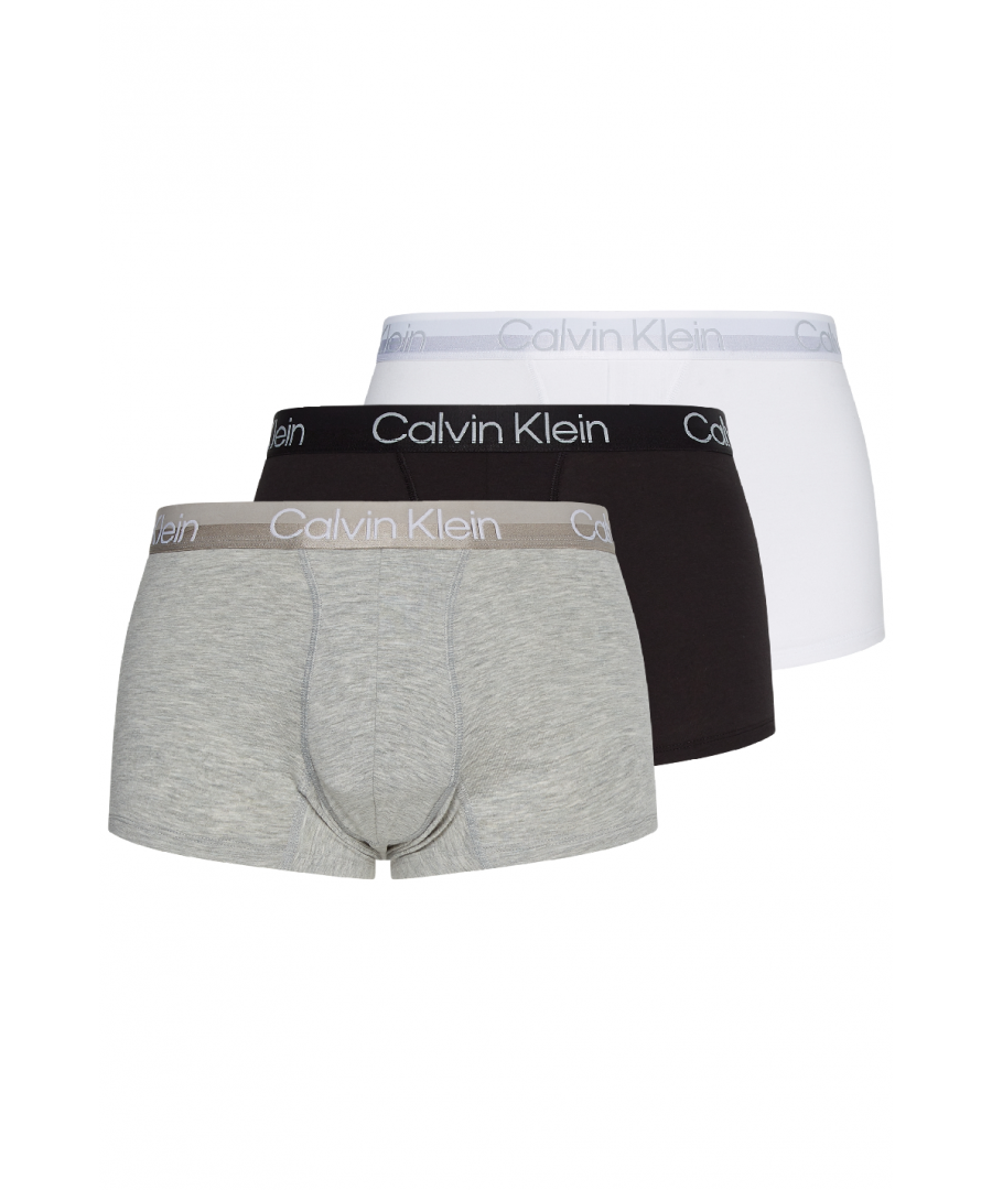 Calvin Klein 3 Pack Men's Boxer Briefs. Contemporary and sustainable this minimal design features a medium rise waist. Made with recycled fibres and a soft cotton blend fabric with enough stretch to ensure a superior fit. Completed with the iconic logo waistband in a modern matte and shine finish.