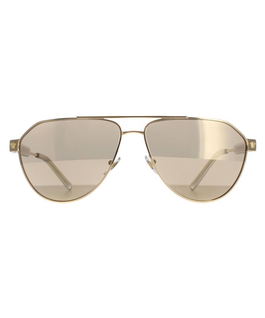 Versace Aviator Mens Gold Light Brown Dark Gold Mirrored  VE2223 Sunglasses Versace are a pilot lens style crafted from lightweight metal. Adjustable nose pads and plastic temple tips ensure ultimate all day comfort. The iconic Versace Medusa head features on the hinges for brand authenticity.