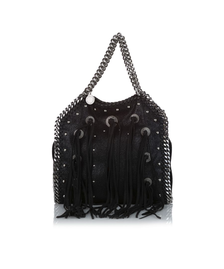 VINTAGE. RRP AS NEW. The Falabella satchel features a fringed faux leather body, silver-tone chain straps, a top magnetic closure, and an interior zip pocket.Metal Attachment Scratched. Metal Attachment Scratched. \n\nDimensions:\nLength 25cm\nWidth 26cm\nDepth 5cm\nHand Drop 12cm\nShoulder Drop 47cm\n\nOriginal Accessories: Dust Bag, Dust Bag, Authenticity Card\n\nSerial Number: 371223 W9751 SP16 512064 60\nColor: Black\nMaterial: Fabric x Others x Metal x Brass\nCountry of Origin: Italy\nBoutique Reference: SSU137291K1342\n\n\nProduct Rating: VeryGoodCondition\n\nCertificate of Authenticity is available upon request with no extra fee required. Please contact our customer service team.