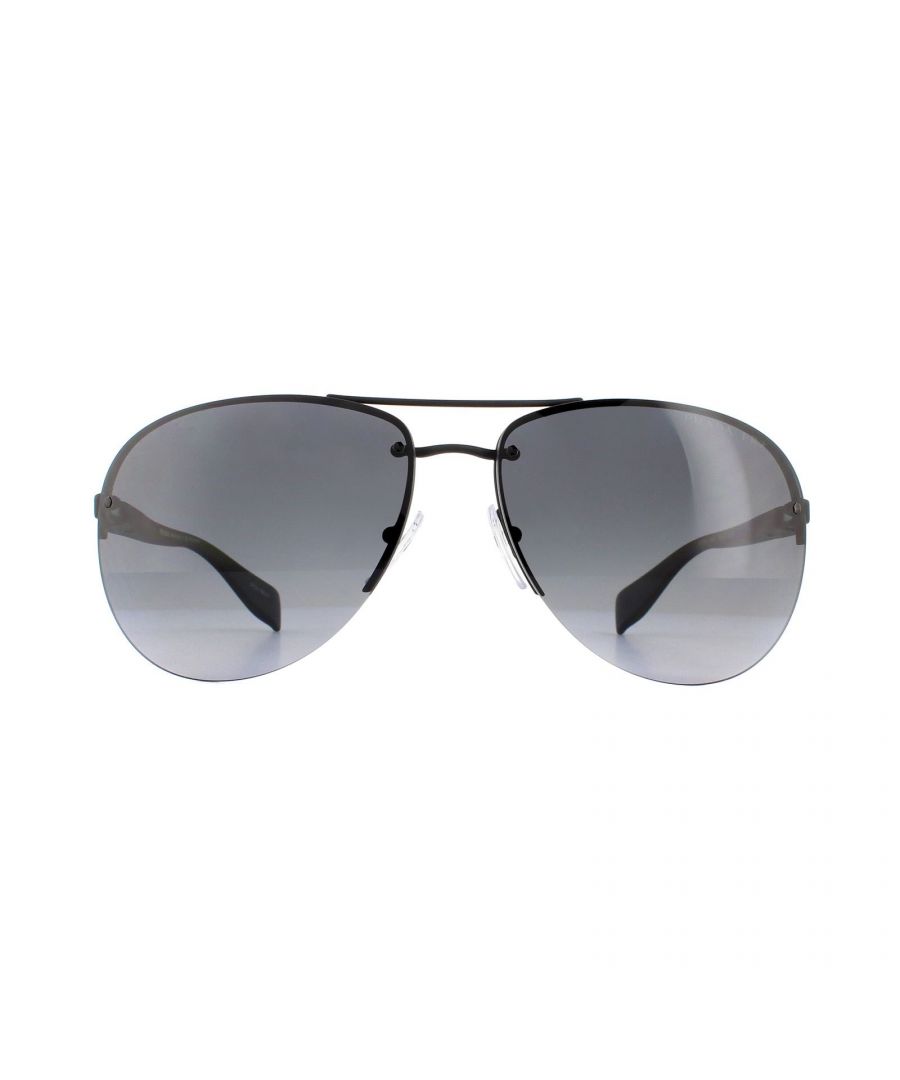 Prada Sport Sunglasses 56MS DG05W1 Black Rubber Polarized Grey Gradient are a semi-rimless frame in the aviator style with a thin metal frame and relatively slim acetate arms with the classic Linea Rossa red stripe along the arms.