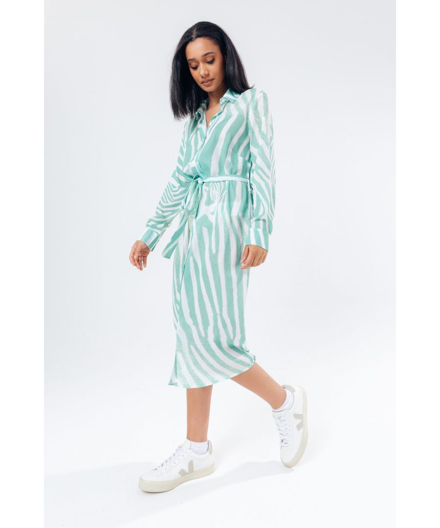The HYPE. mint zebra women's shirt dress features a white and mint colour palette. Designed in a poly fabric base for the ultimate comfort and breathing space in our women's shirt dress shirt. With a fixed collar, button fastening and a waist tie in an animal zebra stripe inspired print. Wear with chunky trainers and sunnies to complete the look. Machine washable.