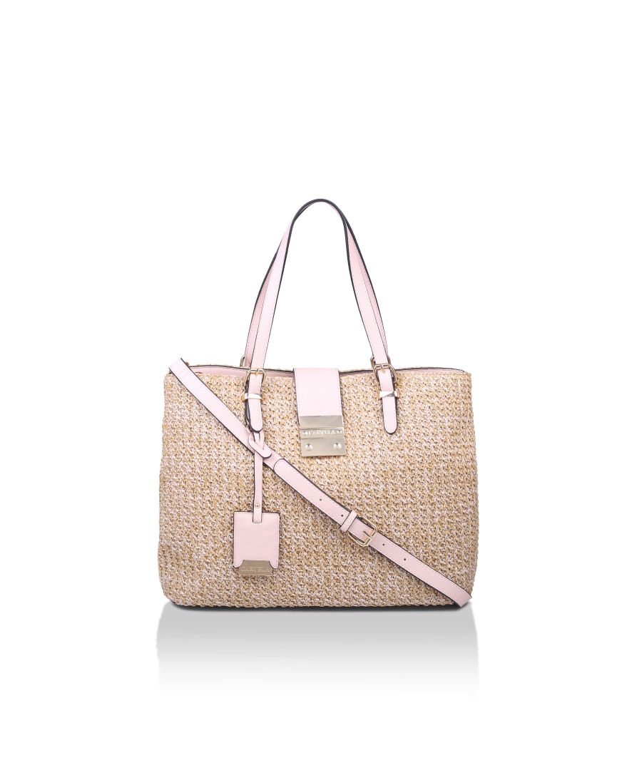 The Carvela Midi Mandy bag is a natural raffia style tote bag with blush trims. There is a branded luggage tag on the front with gold tones branded plate. Dimensions: 27cm (H), 37cm (D) , 16.5cm (L) Strap length: 118cm Strap drop: 47cm