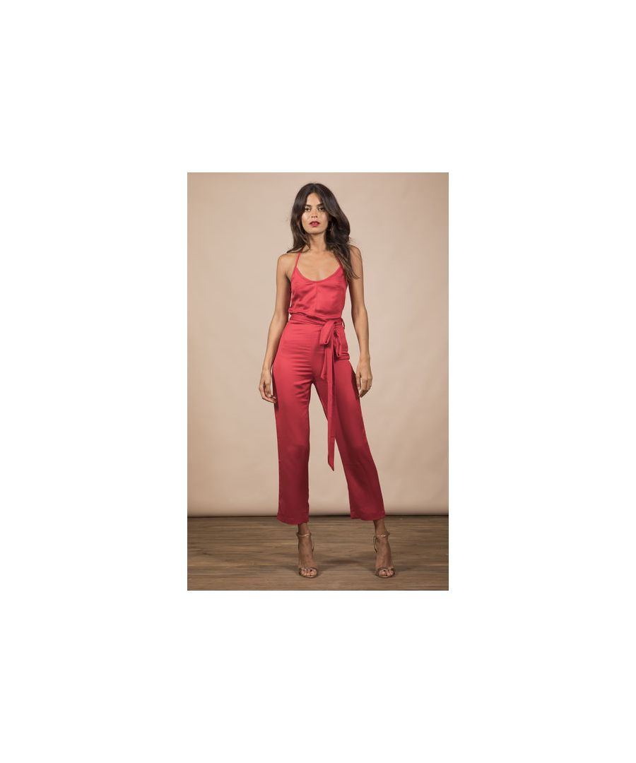 3/4 trouser length jumpsuit, fitted, with waist sash