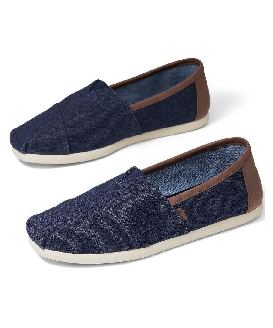 Toms Synthetic Leather Trim Espadrille, in Dark Denim.          \nA Classic New Style That Has a Unique Denim Upper with a Low-Profile Eva Rubber Sole.          \nLeather Trim Detail and the Branded Toms Tab Stitched to the Side Seam.