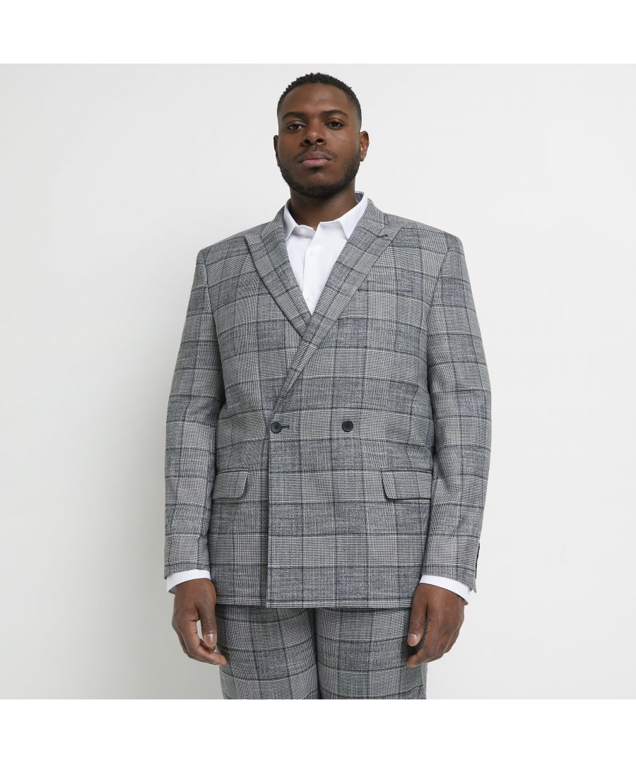 > Brand: River Island> Department: Men> Material: Polyester> Material Composition: 69% Polyester 30% Viscose 1% Elastane> Type: Suit Jacket> Style: 2 Piece> Size Type: Big & Tall> Fit: Slim> Jacket Lapel Style: Peak> Jacket Front Button Style: Two-Button> Pattern: Check> Occasion: Formal> Selection: Menswear> Season: AW21