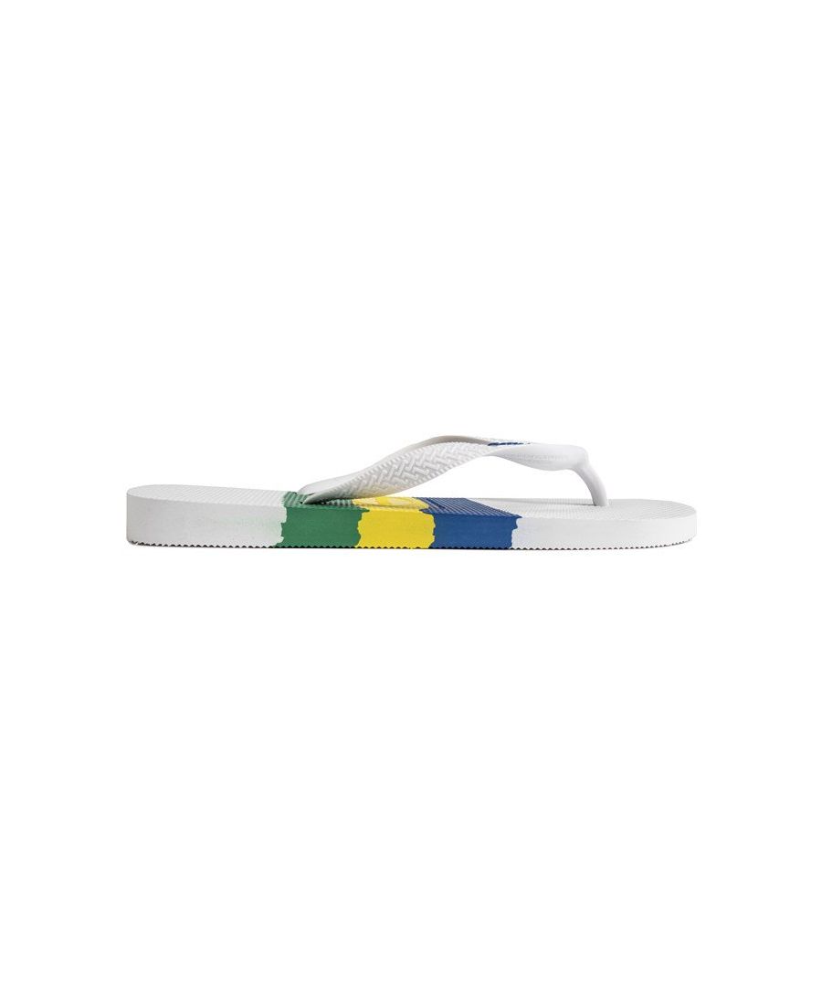 Mens white Havaianas brasil sandals, manufactured with rubber and a rubber sole. Featuring: high quality upper, soft thong strap, heat-resistant, non-slip sole and durable.