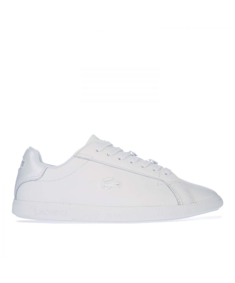 Womens Lacoste Graduate Trainers in white.- Leather and synthetic upper.- Lace up fastening.- Padded collar and tongue.- Ortholite sockliner for comfort and odour control.- Recycled polyester mesh linings for an eco-friendly finish.- Lacoste branding at tongue.- Contrast heel patch with Lacoste lettering.- Rubber outsole.- Leather upper  Textile lining  Synthetic sole.- Ref: 742SFA002521G