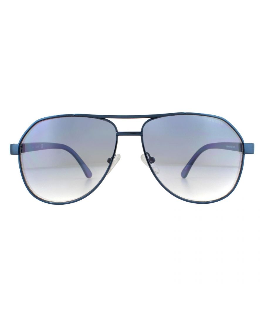Guess Sunglasses GF5044 90X Blue Blue Mirror are a stylish mix of metal pilot frame with plastic arms for a lightweight but durable feel. The Guess logo features on the temples and left lens.