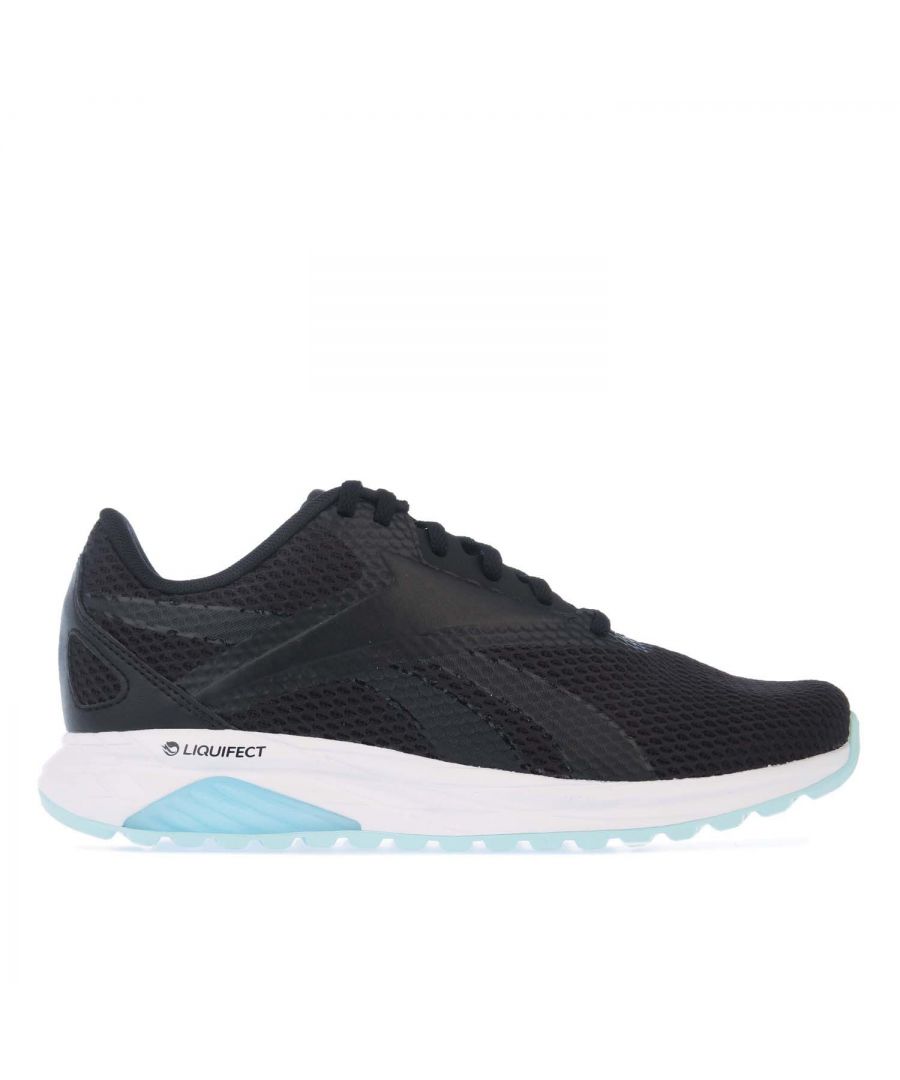 Womens Reebok Liquifect 90 Running Shoes in black - white.- Textile and synthetic upper.- Lace up closure.- Soft  breathable feel. - FuelFoam midsole. - Durable rubber outsole.- Textile and synthetic upper  Textile lining  Synthetic sole.- Ref: FX1690