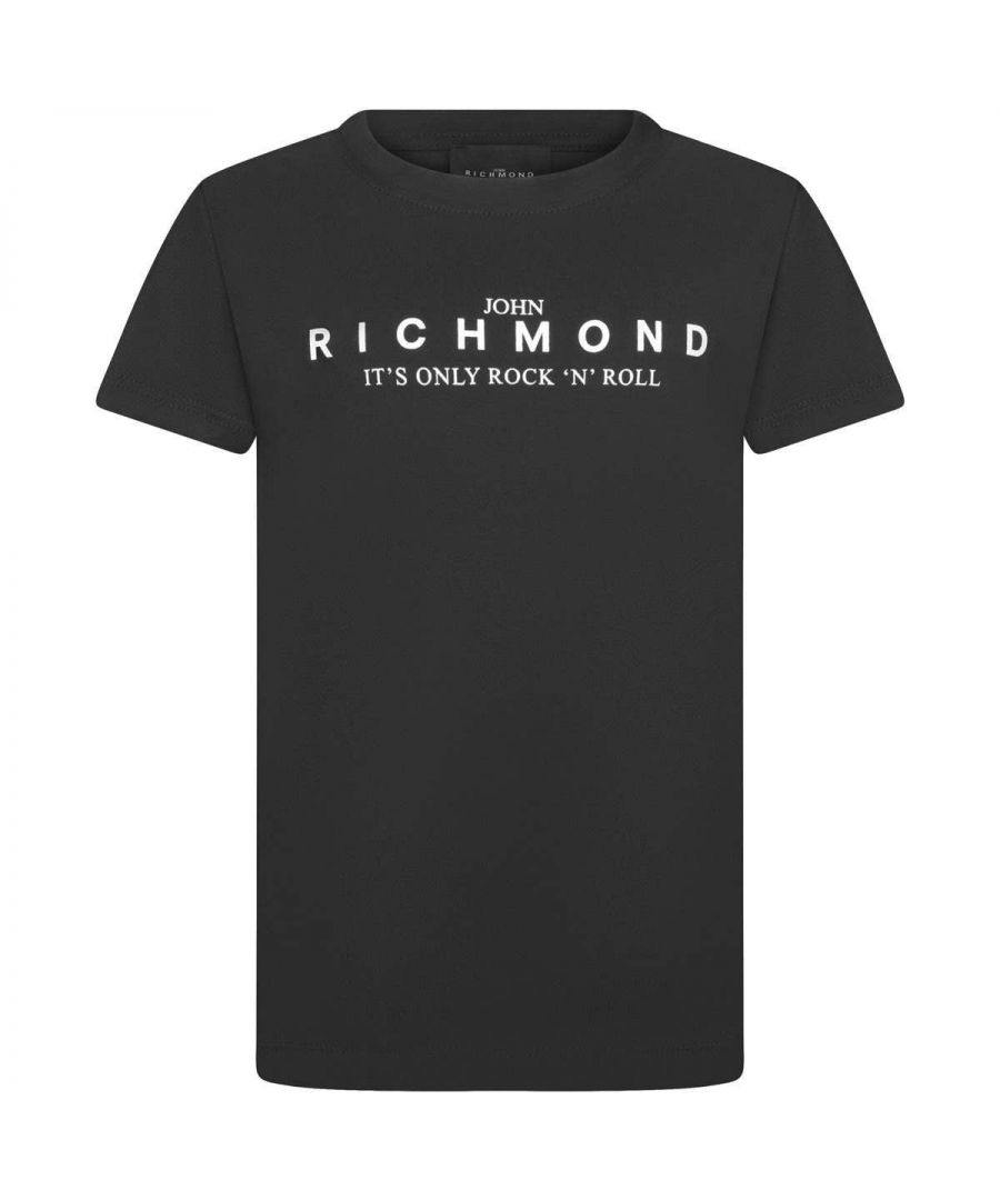 Boys black t-shirt from John Richmond. Features a rib-knit round collar, large contrast logo print on the front and small contrast logo below the neck on the reverse.