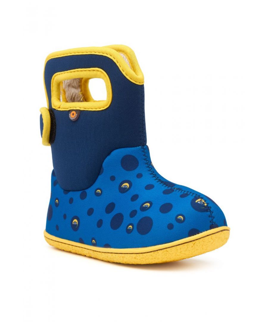Created in collaboration with leading footwear specialists Bogs, our exclusive Spotty Otter x Baby Bogs waterproof boots are lightweight and flexible, with a plush lining to keep toes warm and dry all day long. Designed especially for your fast-growing littlest cubs, their Neo-Tech insulation, DuraFresh bio-technology, and machine washable technology will keep them cute and cosy from the toes up. In vibrant blue, the easy on-off back opening and pull on handles make light work for little hands: “Look dad, I can do it myself!”\n\nFeatures:\n100% Waterproof materials from top to bottom\nConstructed with 3mm Neo-Tech waterproof insulation\nDuraFresh natural bio-technology activates to fight odours\nBOGS Max-Wick evaporates sweat to keep feet dry\nPlush lining for warmth and comfort\nPull-on handles and easy on-off back opening\nComfort rated to 14°F/-10°C\nMachine washable (choose a gentle cold-water cycle, with half-dose of mild detergent. Air-dry stuffed with paper to preserve shape).