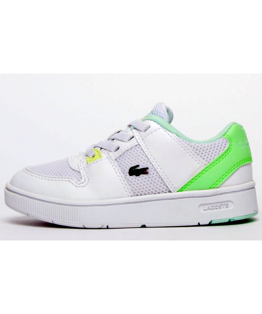 The Lacoste Thrill infants trainer is a stylish heritage-inspired court shoe made for miniature feet. Featuring a combined synthetic and mesh upper with trademark crocodile branding adorning the side in a classic green as well as a contrasting heel piece adding a pop of colour.\n OrthoLite insoles and breathable mesh linings provide all-day comfort while a thick rubber sole makes these infant trainers extra durable and adds the perfect finishing touch to a fantastic infants trainer.\n - Synthetic and textile mesh uppers\n - Textile lining\n - Ortholite insole\n - Elastic lace closure\n - Durable outsole\n - Lacoste branding throughout
