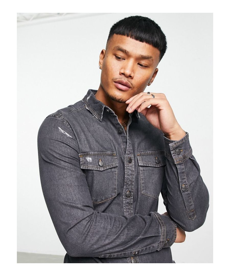 Shirt by ASOS DESIGN New favourite shirt: unlocked Distressed finish Spread collar Button placket Chest pockets Long sleeves Skinny fit Sold By: Asos