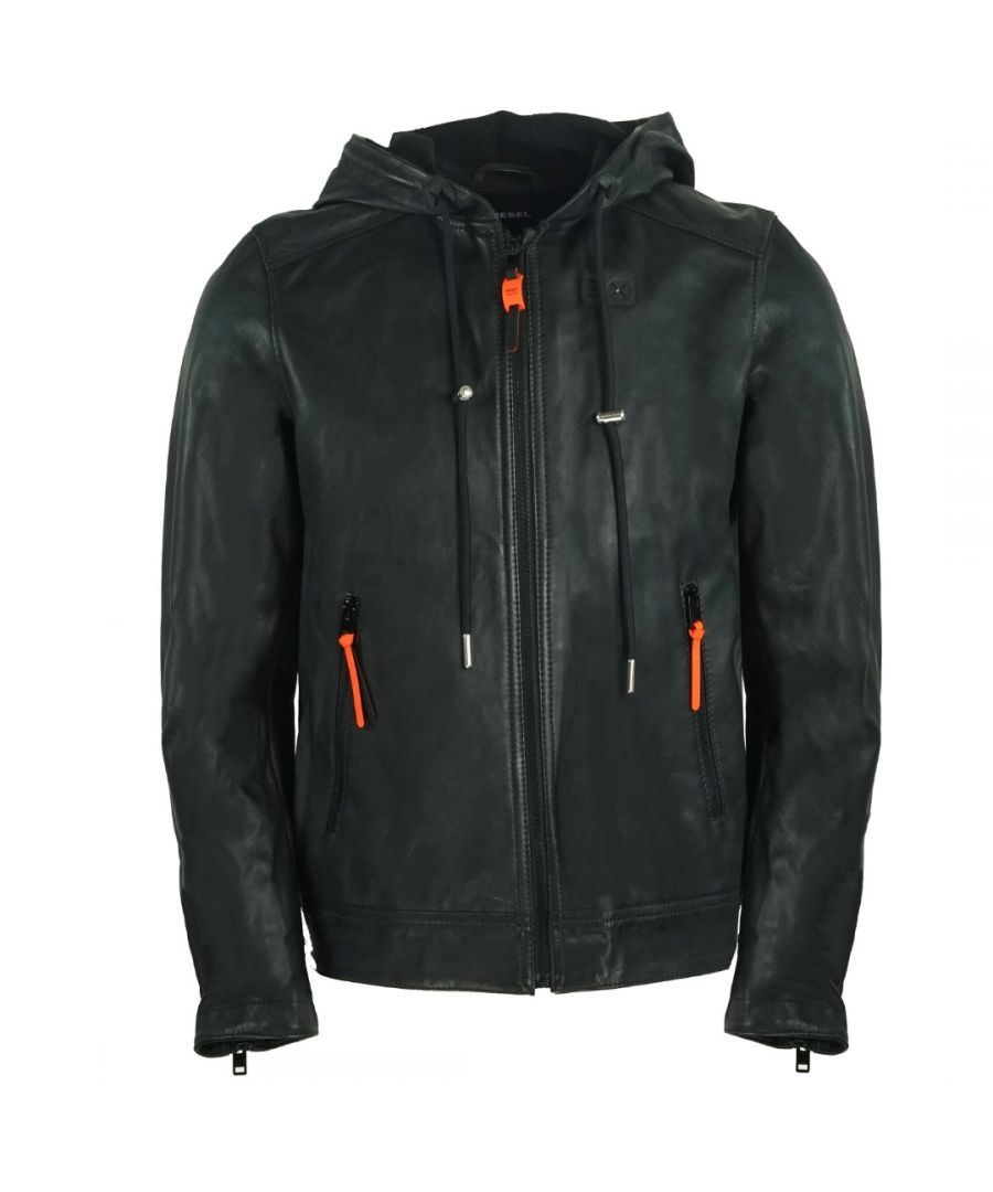 Diesel L-Restil Black Hooded Leather Jacket. Diesel Black Leather Jacket. Central Zip Closure. 2 Zip Closure Front Pockets. Pulls. Style - L-Restil 900