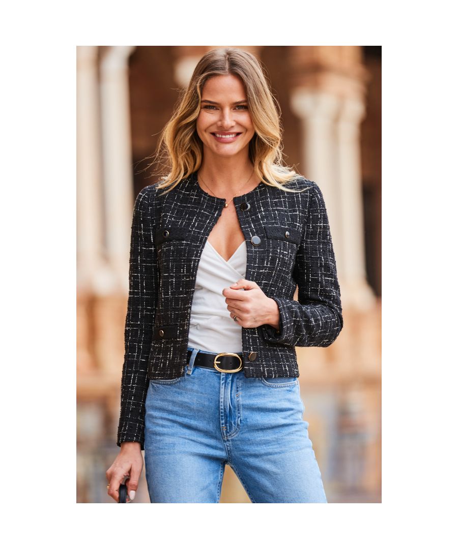 REASONS TO BUY:\n\nFor instant chic\nLuxe boucle fabric with metallic flecks\nGorgeous button fastening\nWe've made it the perfect length\nCreate a chic suit with the matching skirt\nElevate jeans and a t-shirt