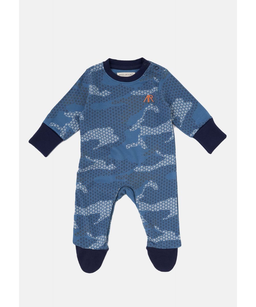 Cool all over digital inspired camo print onesie. In blue marl with matching top knot hat. Finished in orange pop colour  made in super soft cotton jersey with popper leg opening for easy fuss free dressing and logo print on the feet. Older baby onesies have a ribbed cuff hem for greater freedom when they discover walking!  Angel & Rocket cares - made with fairtrade cotton  Blue  About me: 100% cotton  Look after me: think planet  machine wash at 30c