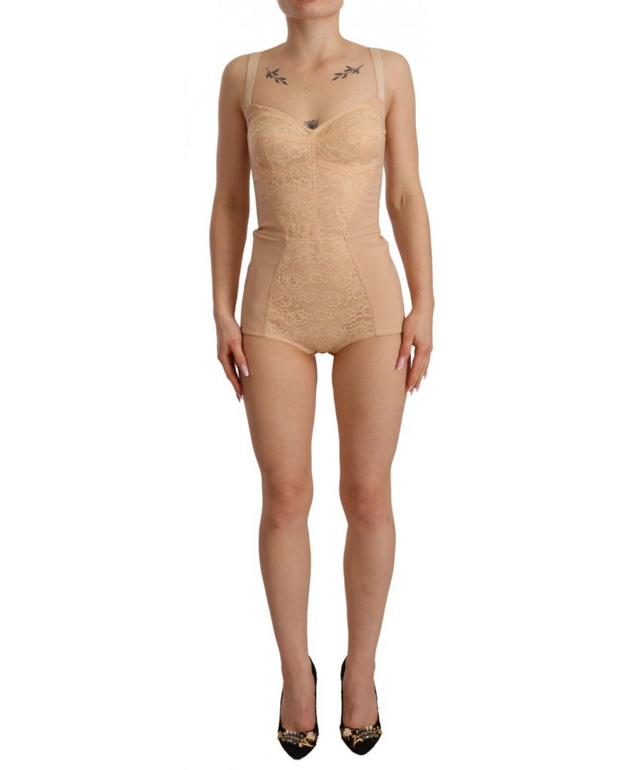 DOLCE & GABBANA\nGorgeous brand new with tags, 100% Authentic DOLCE & GABBANA stretch bodysuit with lace at the bust and center front panel.\nColour: Beige\nModel: Bodysuit\nMaterial: 94% Nylon 6% Elastane\nLogo details\nMade in Italy