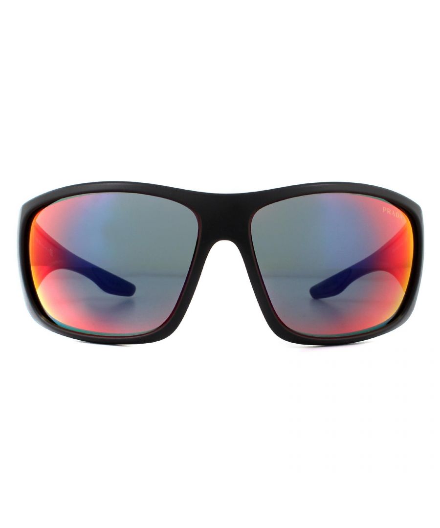 Prada Sport Sunglasses PS04VS 1BO9Q1 Black Dark Drey Blue Red Mirror are a bold old school sporty style made from chunky acetate with large rectangular lenses and finished with the iconic striped branding along the temples.