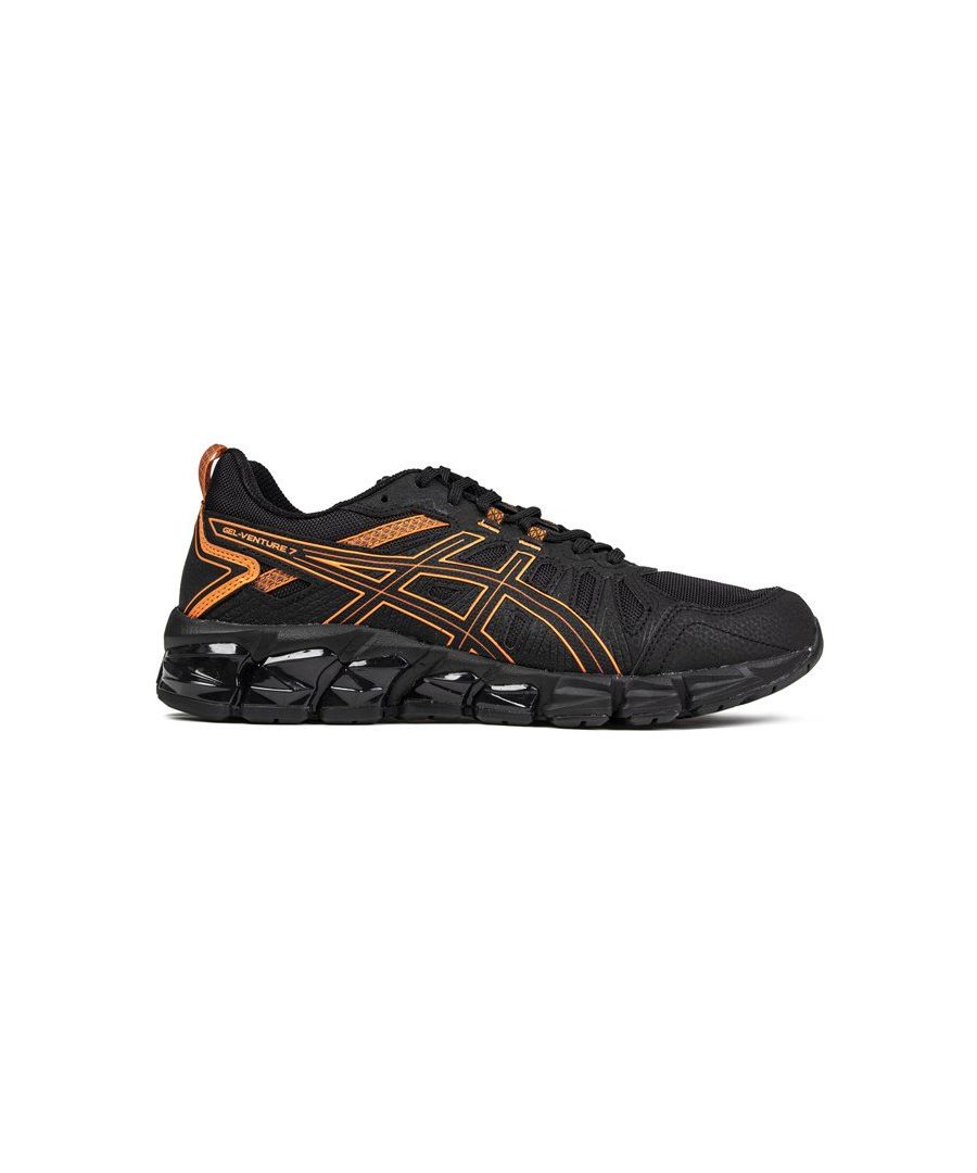 Men's Black Asics Gel-venture 180 Lace-up Trainers With Breathable Nylon Mesh Uppers Featuring Synthetic Overlays And Iconic Side Stripes In Bright Orange, With Matching Heel Loop And Branding. These Performance Running Sneakers Have A Ortholite Sock, And A Rubber Textured Sole For Grip.