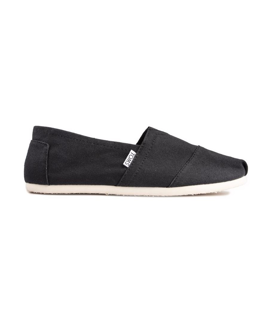 Womens black Toms classic shoes, manufactured with textile and a eva sole. Featuring: textile lining, elasticated for fit, lightweight construction and vegan.