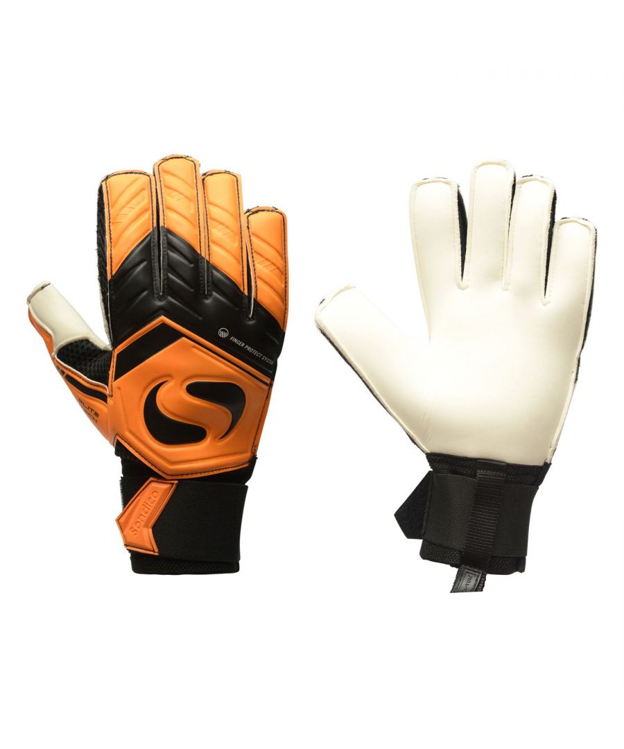 Sondico Elite Protech Goalkeeper Gloves Mens - The Sondico EliteProtech Goalkeeper Gloves feature a high performance latex foam palm to give exceptional grip and comfort! The integrated finger protect system helps to prevent finger overextension backwards by including reinforced flexible bars over the top of the fingers. Complete with a Flex hook and loop tape wrist strap for quick and firm closure. > Mens Goalkeeper Gloves > Finger Protect System > Embossed PVC cushioned foam backhand > Breathable mesh gusset > Elasticated wrist strap