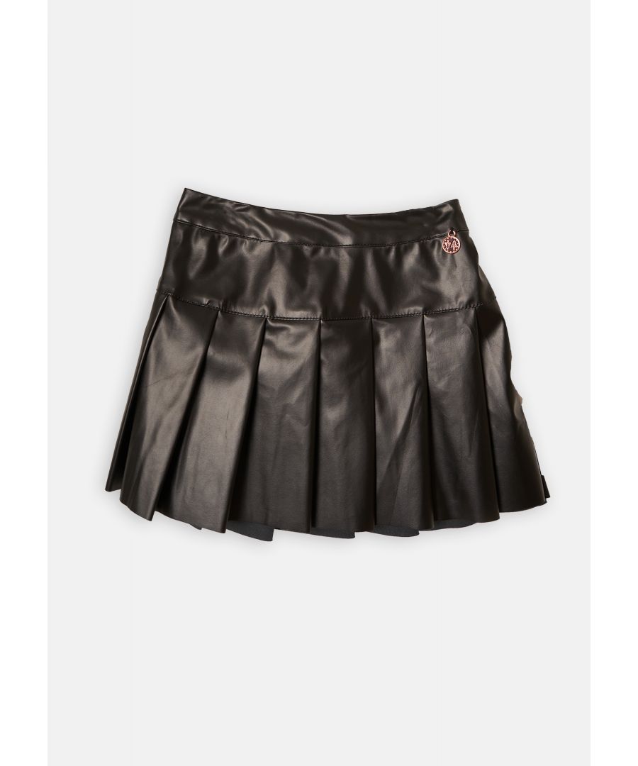 Girls. add edge to your new season style with this leather look pleated flippy skirt. Fabulous high shine fabric means this skirt will go with everything from chunky knits to printed tees. It will be your go to this season..  . About me: 100% polyester.
