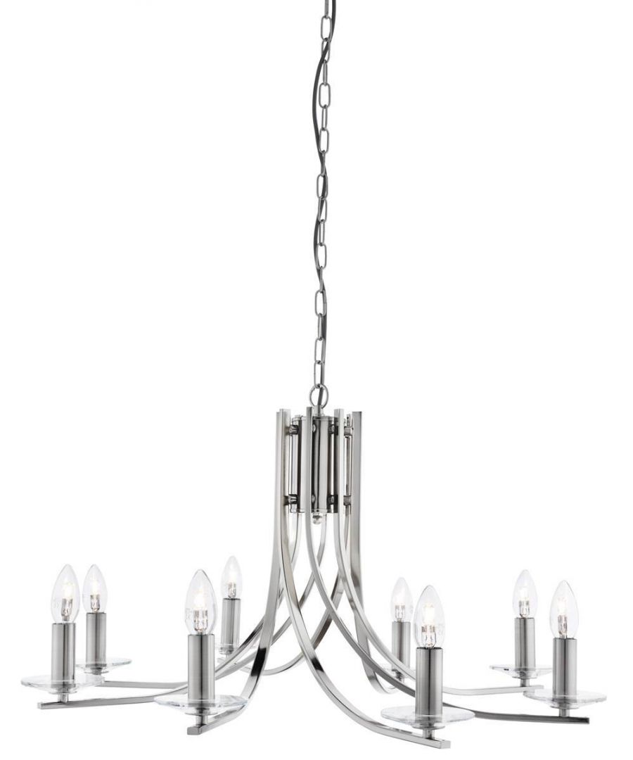This is a modern design candelabra style collection which is sure to provide ample lighting and a positive addition to the door at the same time. The squared arms are twisted in and out of each other, creating an interesting fitting which is sure to add class and style to the room. Available in a choice of sizes and finishes, the range is sure to offer the perfect fitting for your room. This eight light ceiling light is also available in twelve light and five light versions, as well as a matching wall light . All fittings are also available in antique brass and chrome. | Finish: Satin Silver | IP Rating: IP20 | Height (cm): 97 | Diameter (cm): 75 | No. of Lights: 8 | Lamp Type: E14 | Dimmable: Yes | Wattage (max): 60 | Weight (kg): 3.9 | Class: 1 (Earthed) | Bulb Included: No
