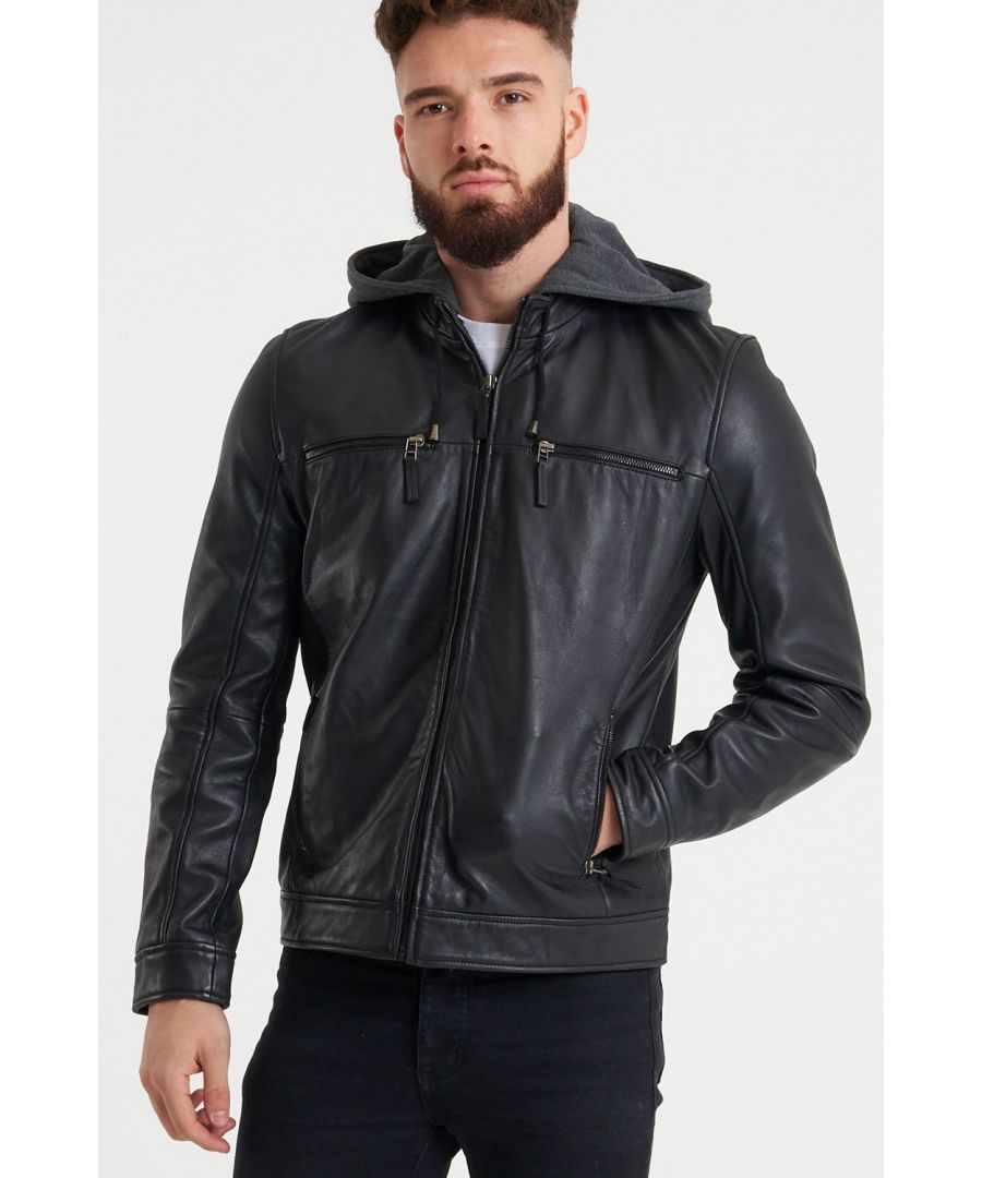 This black leather jacket features a grey jersey hood. The jacket has a symmetrical zipline which is the hallmark of all classic racer jackets. It is made from 100% soft sheep nappa leather.