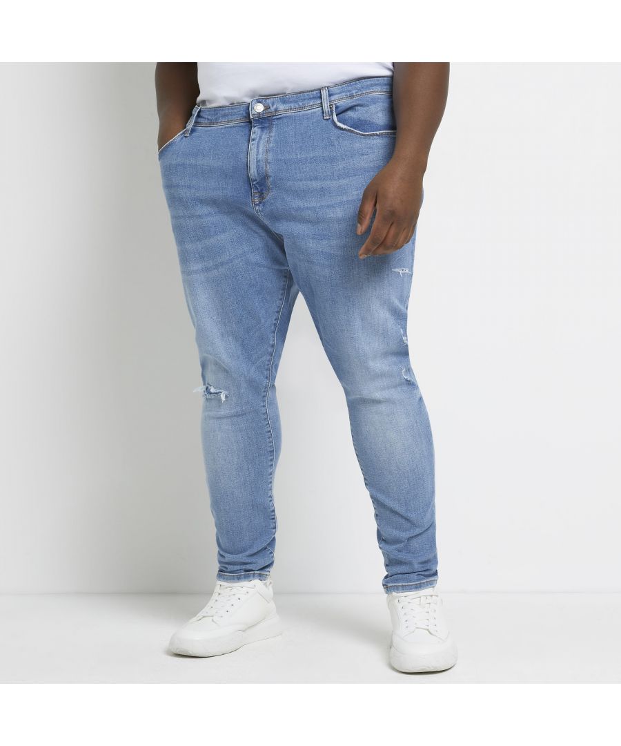 > Brand: River Island > Department: Men > Material Composition: 97% Cotton 3% Elastane > Material: Cotton > Type: Jeans > Style: Skinny > Size Type: Big & Tall > Fit: Extra-Slim > Pattern: No Pattern > Occasion: Casual > Season: SS22 > Pocket Design: 5-Pocket Design > Fabric Wash: Light > Closure: Button > Distressed: Yes > Brace Buttons/Belt Loops: Belt Loops