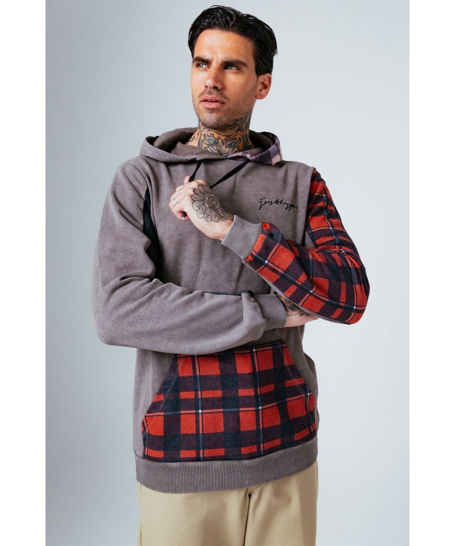 The HYPE. Patchwork Men's Pullover Hoodie boasts a vintage wash grey, neutral, black and red colour palette. With a fixed hood, kangaroo pocket, fitted hem and cuffs, drawstring pullers and panels in our standard men's hoodie shape. The design features an acid wash grey tonal effect with a tartan inspired panelling on the pocket, sleeve and hood, boasting a 80% cotton and 20% polyester fabric base for the ultimate comfort and breathable space. Finished with the new! justhype signature logo embroidered on the front in a contrasting black. Wear with black skinny fit jeans to complete the fit. Machine washable.