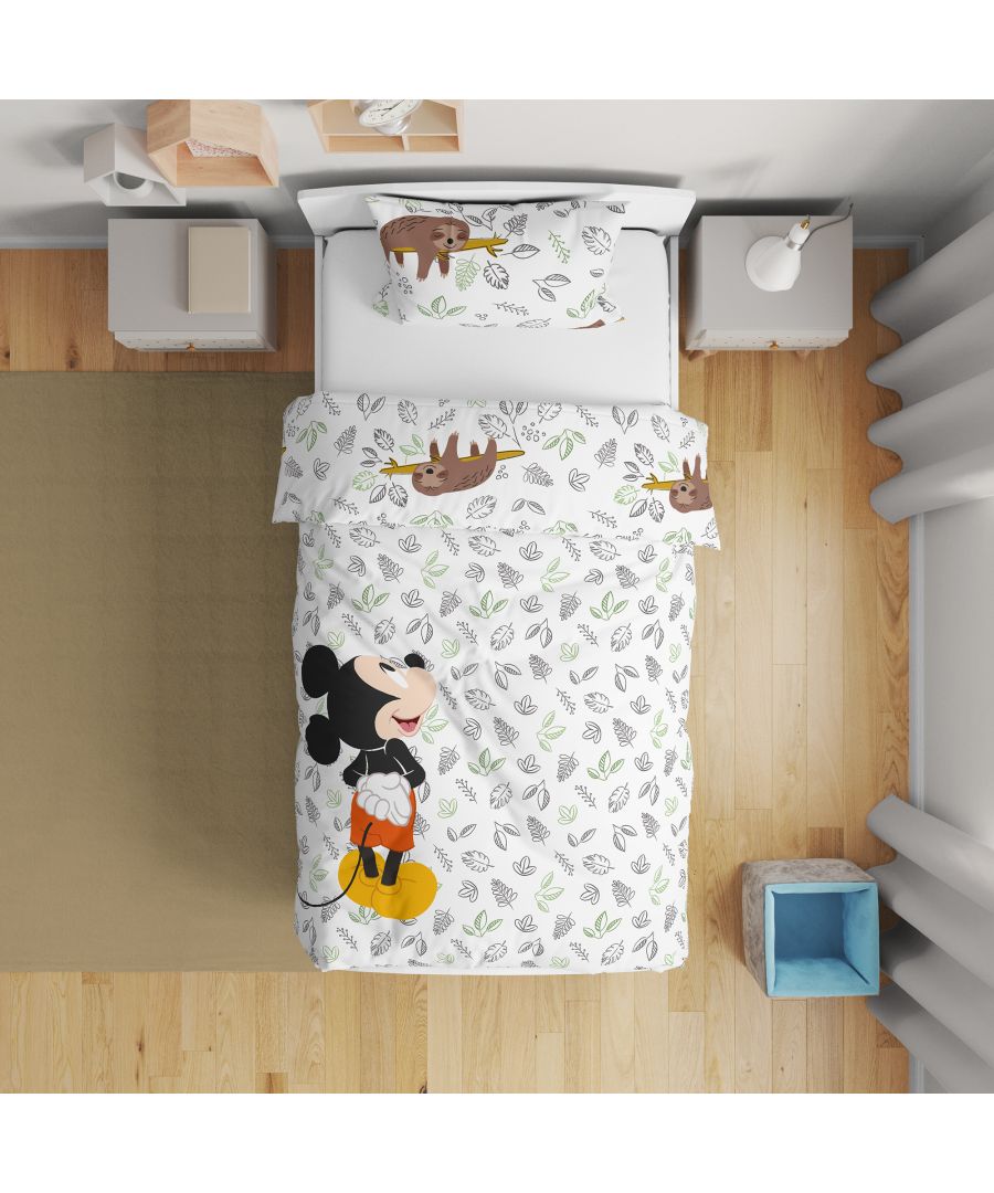 Bring tropical references with a fun and stricking twist to your little one's bedroom with this Disney Mickey and Sloth Duvet Cover Set. This pattern features a tropical print with the evergreen and favourite character of Mickey Mouse and the sloth. The print is inspired by the tropical landscapes, foliage and jungle flora and fauna and convey a sense of escapism and drama. This bedding is made of 100% cotton in 132 thread count with bold colourful print on the front and reverses to an all over subtle leaf print on the back. \n\nDelight your little Disney fan with this fun and adorable Mickey and Sloth Duvet Set right away! Co-ordinate this bedding with matching Mickey Jungle Doodle Cotton Flannel Blanket and Mickey Love Nature Round Cushion and transform the bedroom into a tropical fantasy. This collection is verified by OEKO-TEX® and independently tested for harmful substances. It stands for customer confidence and high product safety.