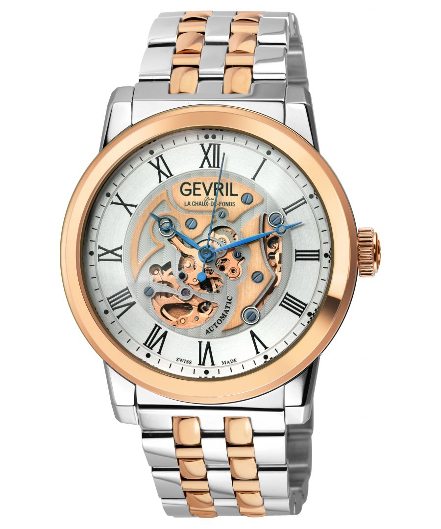 Gevril 22693B Men's Vanderbilt Swiss Automatic Watch\nGevril Men's Swiss Automatic Watch form the Vanderbilt Collection\n47mm Round Two toned SS/IPRG Case, Silver dial -Roman numeral indexes\nOpen Heart movement of front of dial, Gevril logo under 12 h\nPush/Pull Crown, Limited Edition\nTwo-toned SS IPRG Bracelet with Deployment Buckle\nAnti-reflective Sapphire Crystal\nWater Resistant to 50 Meters/5ATM\nSwiss Automatic Movement