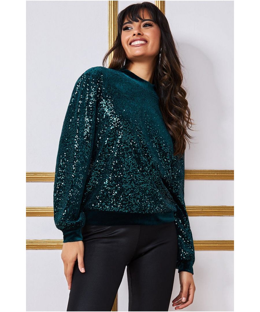 Goddiva Womens Sequin Velvet Jumper - Emerald - Size 16 UK