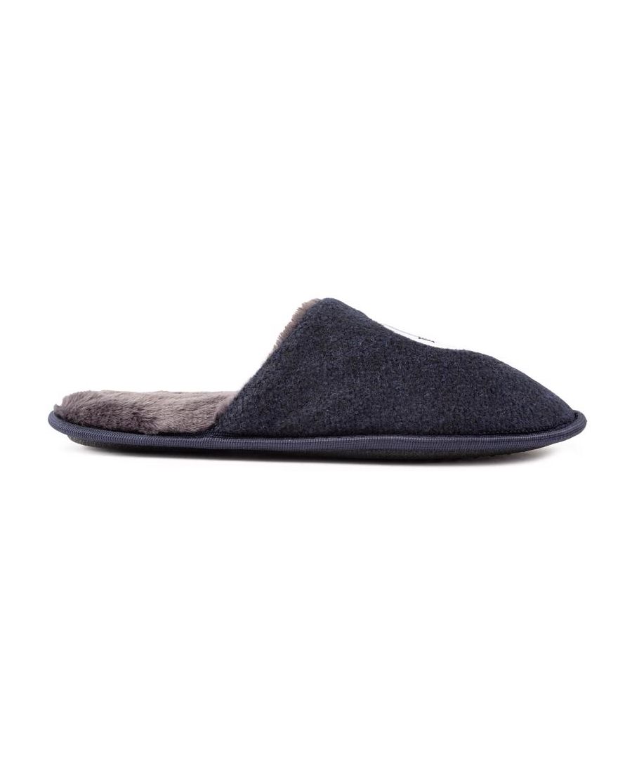 Mens blue Lambretta sky slippers, manufactured with textile and a synthetic sole. Featuring: faux-fur lining, branded to front and mule design.