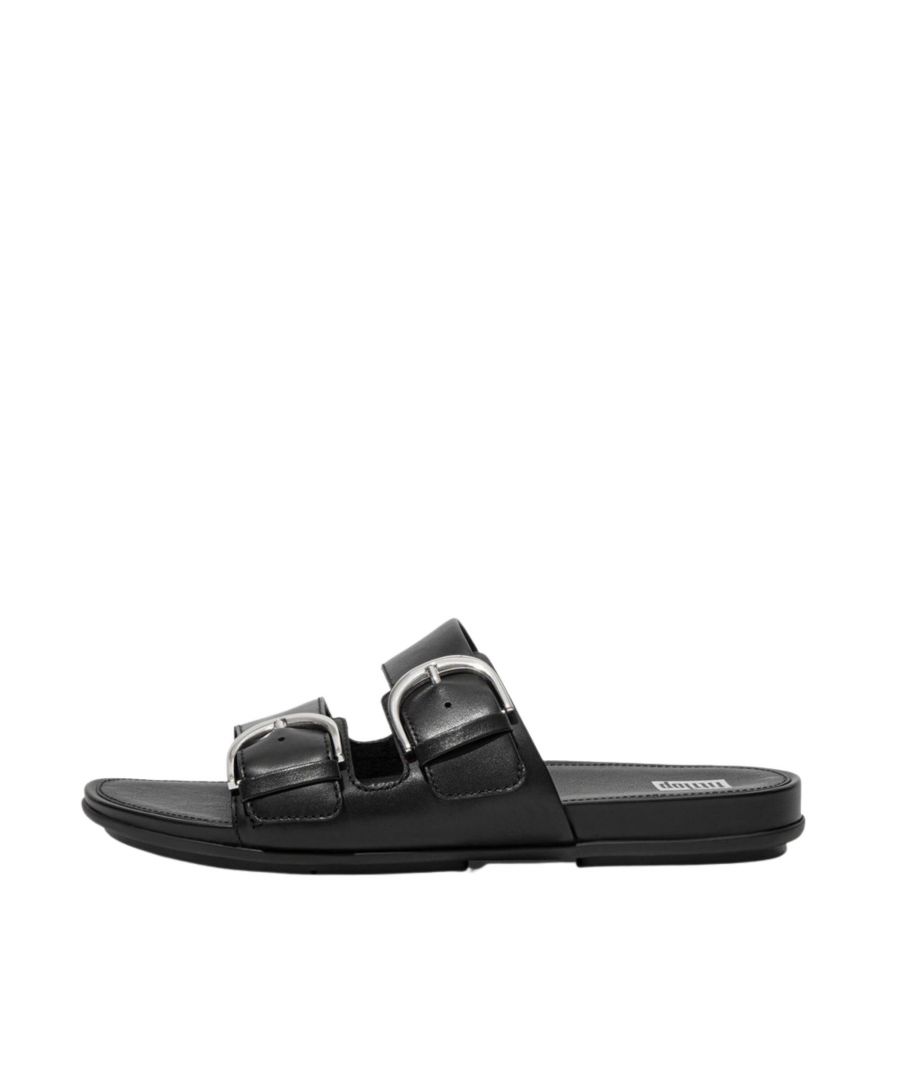 Womens Fit Flop Gracie Buckle Leather Sandals in black.- Leather upper.- Slip on construction.- Adjustable buckle.- Dynamicush™ cushioning.- Anatomically contoured footbed.- Durable  slip-resistant rubber outsole.- Ref: DE3090