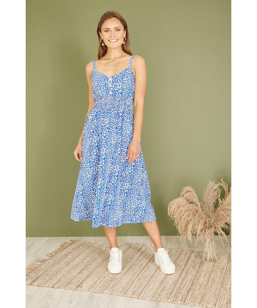 Yumi Womens Blue Animal Print Midi Sundress With Ruched Waist - Size 10 Uk
