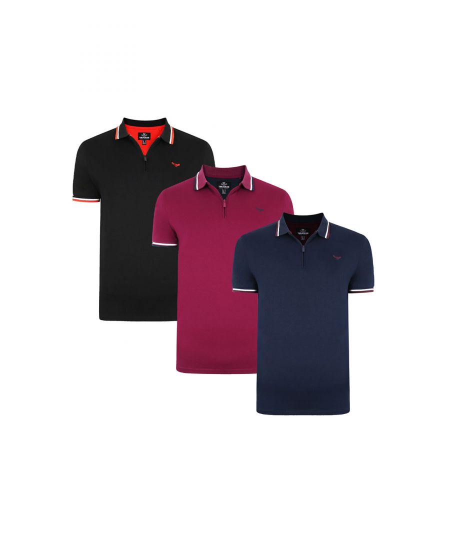 This 3 pack of zip collar polo shirts from Threadbare offers great value. These polos have a really comfortable feel and feature contrast stripe tipping on the collar and sleeves. Complete the smart casual look with a pair of jeans or chinos. A must have basic for any wardrobe.