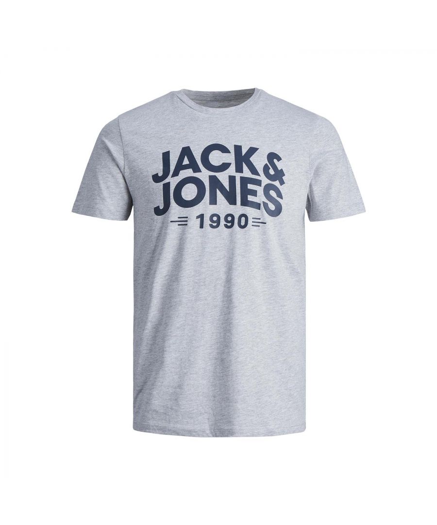 T-Shirt by Jack & Jones with crew neck and short sleeves, large colored logo lettering on the front, very comfortable to wear thanks to 100% cotton.\n\nFeatures:\nMade of stretchy and soft cotton jersey\nPeached for a soft touch\nCrew neck for classic and simple style\nRegular fit with slightly more ease around the body\n\nSpecifics:\nMaterial: 100% Cotton\nProduct Code: 12207477\n\nWashing Instruction:\nMachine wash at 30°C\nTumble dry on low heat settings\nIron Temp.: Iron on medium heat settings\n\nNote: Do not bleach, Do not dry clean\n\nPackage Includes: Jack & Jones Men's Logo Casual Crewneck Tshirt