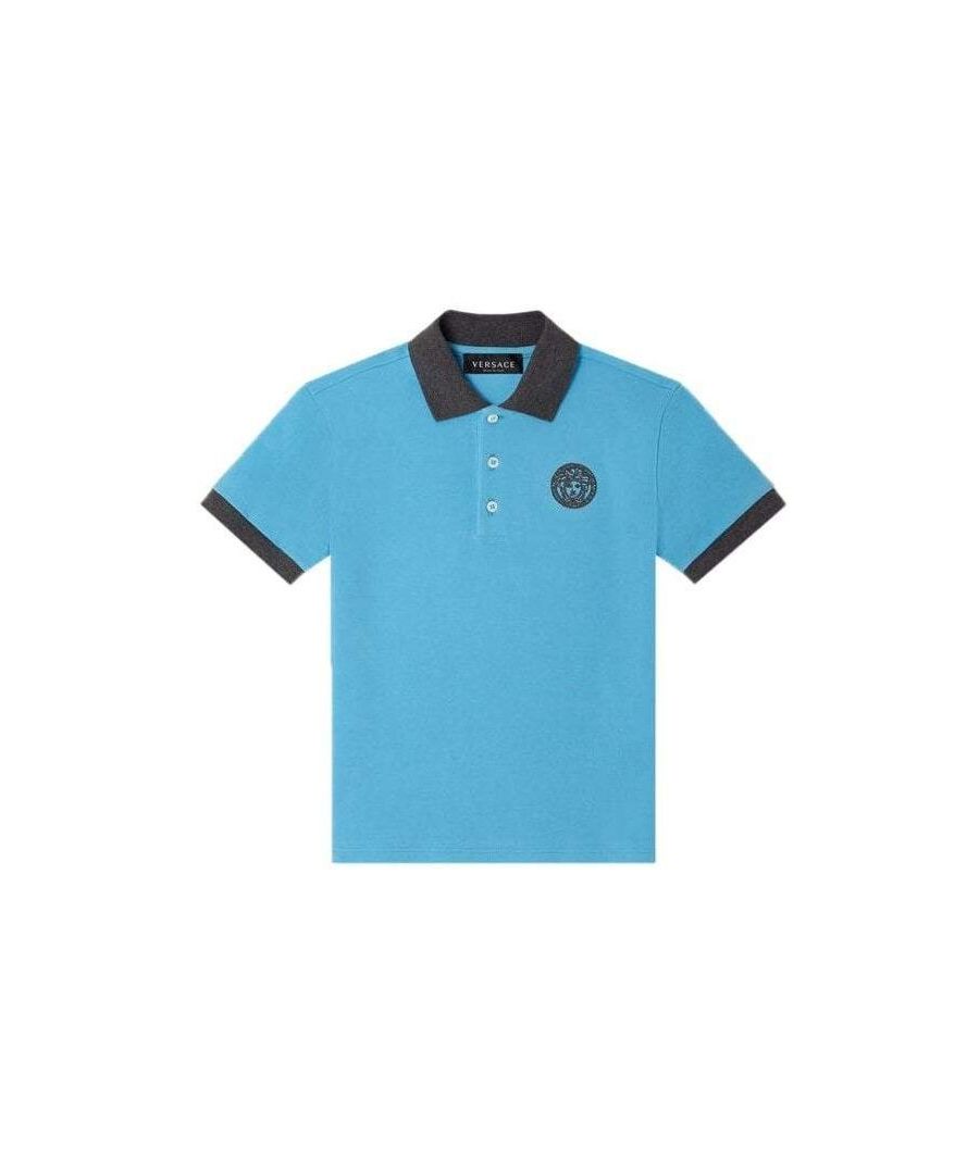 This Versace Blue Polo Shirt is crafted from 100% cotton and has an embroidered Medusa motif, black collar, button up and short sleeves.